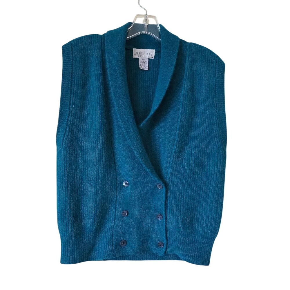LAUREN COLE Teal Double-Breasted Women Sweater Vest Size Small Wool Blend Vtg